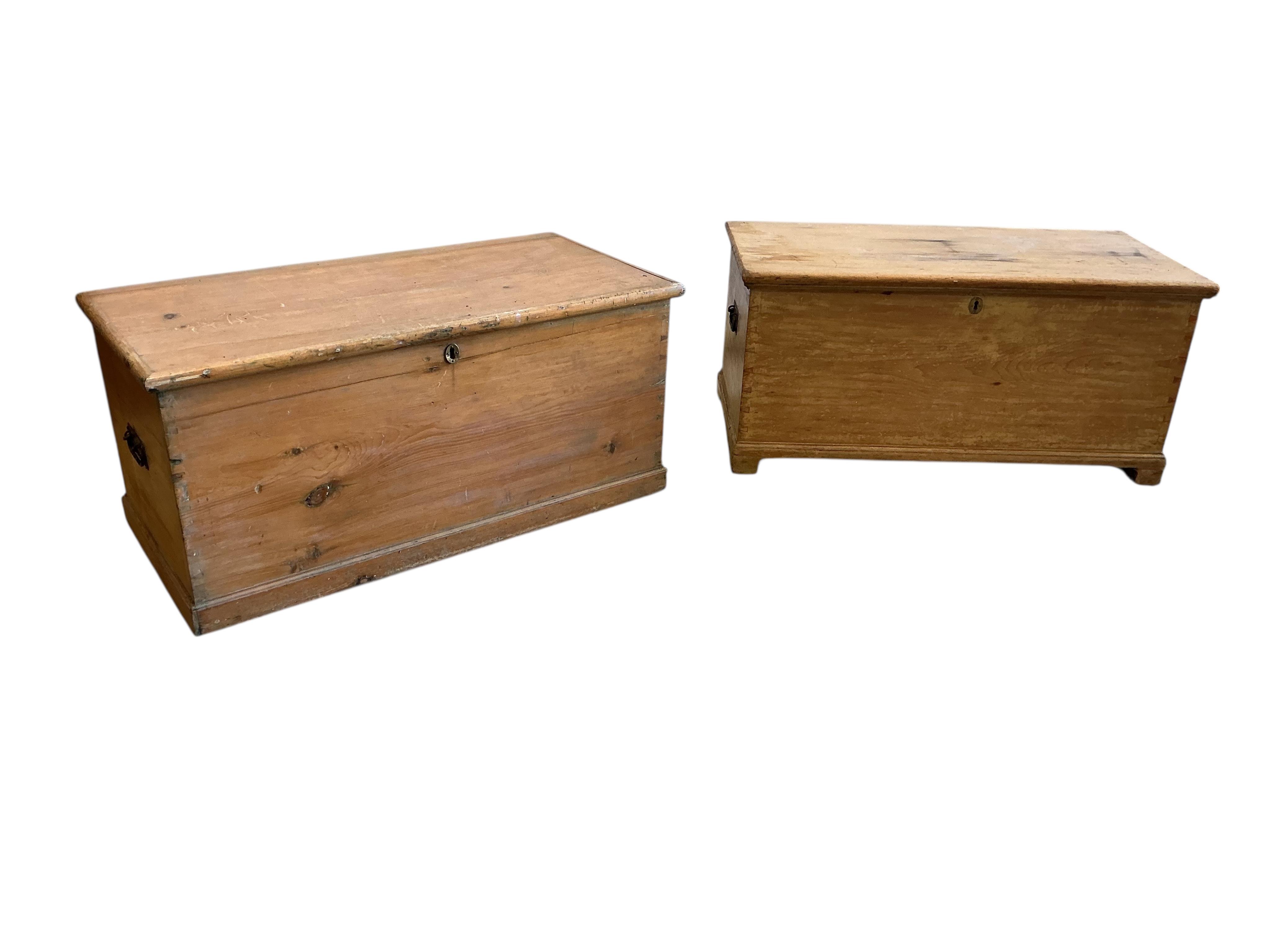 Two Victorian rectangular pine trunks, larger width 107cm, depth 52cm, height 50cm